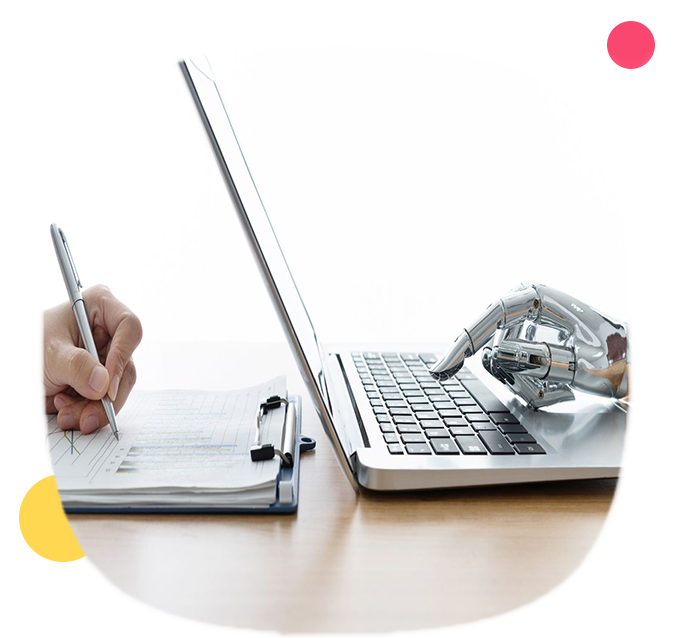 Robotic hand typing on laptop and human hand writing on Notepad, shows that Quickest Docs is an innovative way to create documents